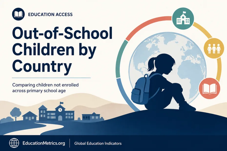 A map showing the number of out-of-school children across different countries with colorful data visualizations.