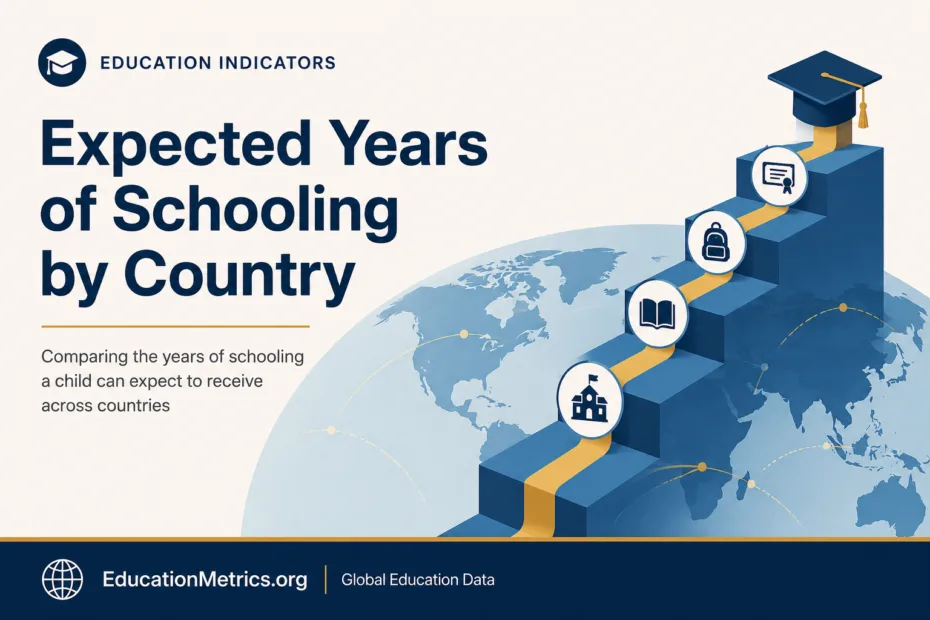 A world map illustrating expected years of schooling by country with data charts and statistics for 2026.