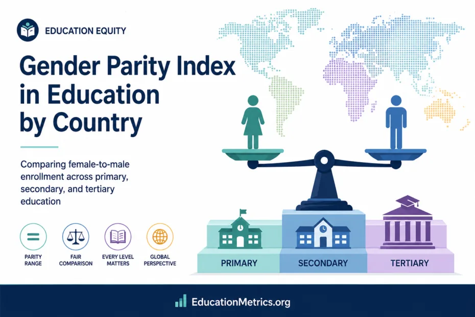 A world map illustrating gender parity index in education across different countries with icons representing schools and equality.