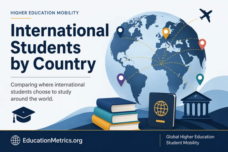 International students by country are shown on a world map, highlighting global migration of students seeking education abroad.