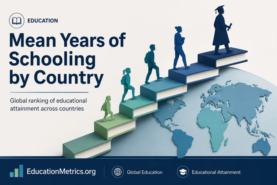 A world map with countries ranked by mean years of schooling, showing variations in educational attainment across nations.