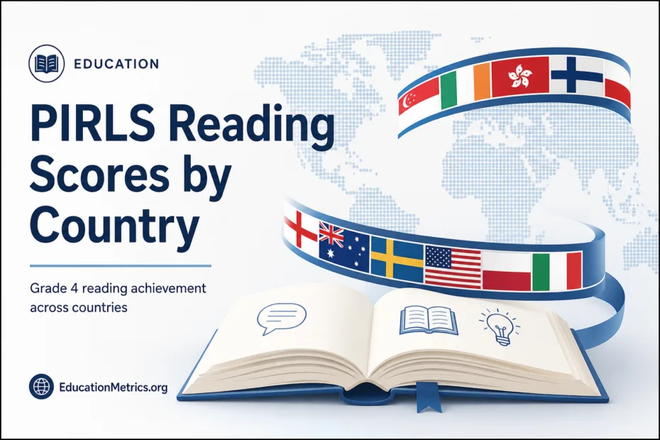 PIRLS reading scores by country are shown in a chart with flags and a book illustration, illustrating international student reading achievement.