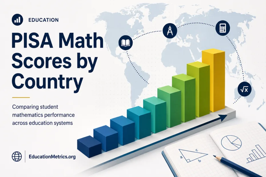 A chart displaying PISA math scores by country, showing various rankings with colorful bars indicating student performance across nations.