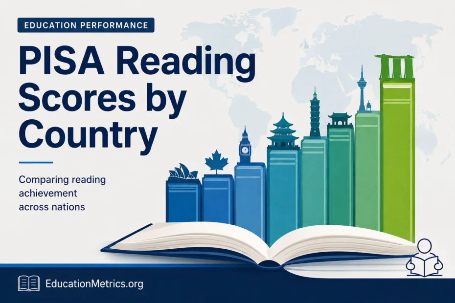 A chart showing PISA reading scores by country with colorful bars and a background of city skylines and an open book.