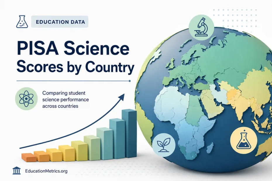 A chart showing Pisa science scores by country in 2026, with a globe and graphs illustrating the comparative performance of different nations.
