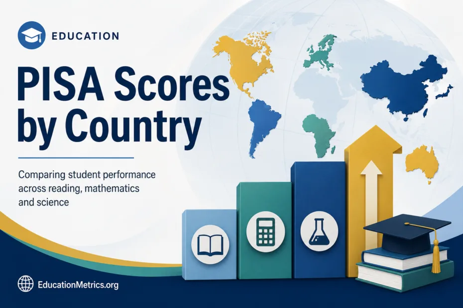 PISA scores by country shown on a colorful world map with related icons and upward arrow indicating performance rankings.