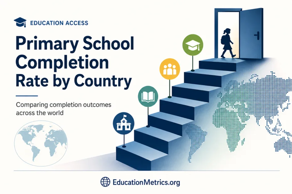 A bar chart showing primary school completion rates by country with a world map in the background.