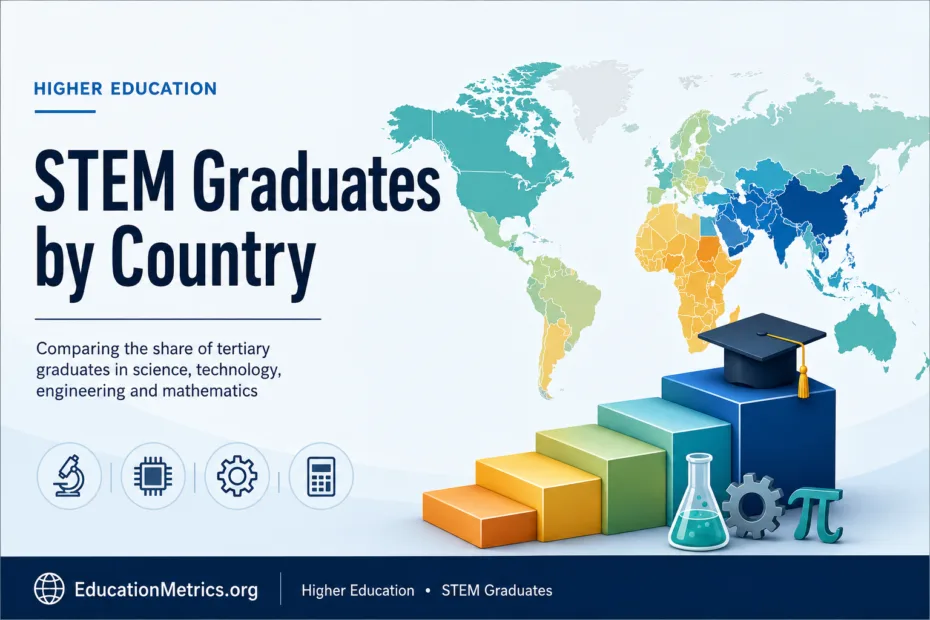 A colorful world map showing the distribution of STEM graduates by country with rising bars indicating graduation numbers.
