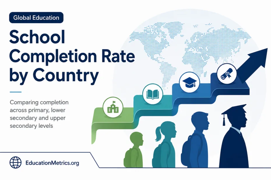 School completion rates by country shown on a world map with charts illustrating differences in education completion levels worldwide.