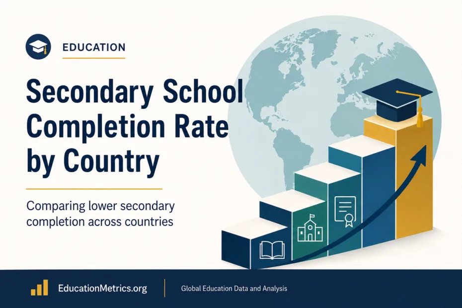 A world map showing varying secondary school completion rates by country with colorful bar charts for 2026.