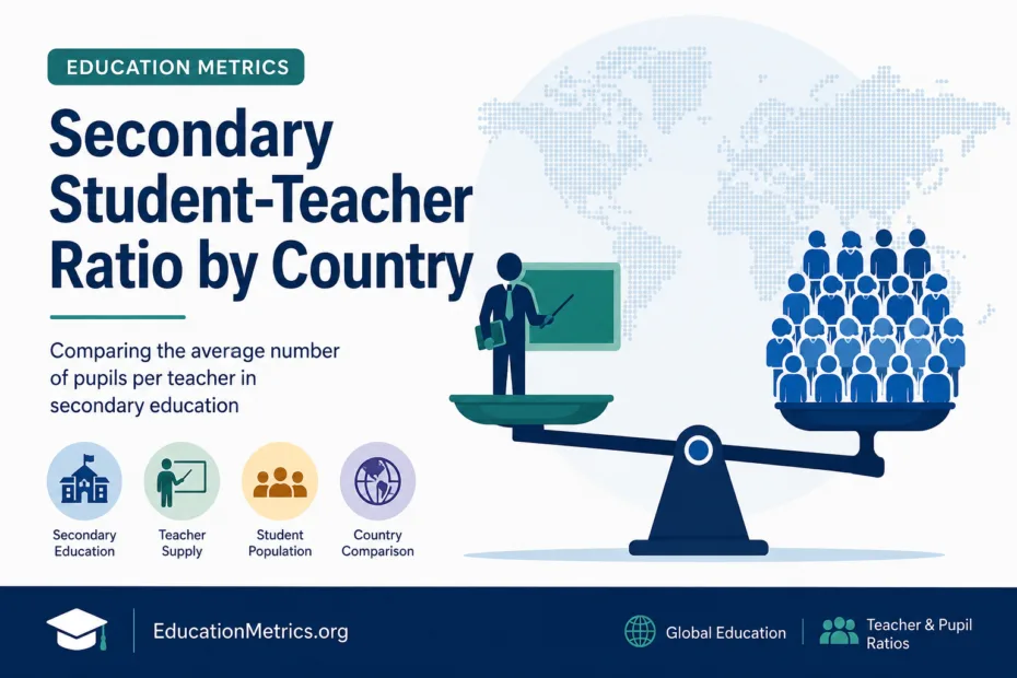 A chart showing different secondary student-teacher ratios across various countries for 2026 with related statistics and visuals.