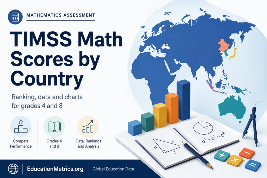 A world map illustrating TIMSS Math scores by country with colorful bar charts showing performance data.