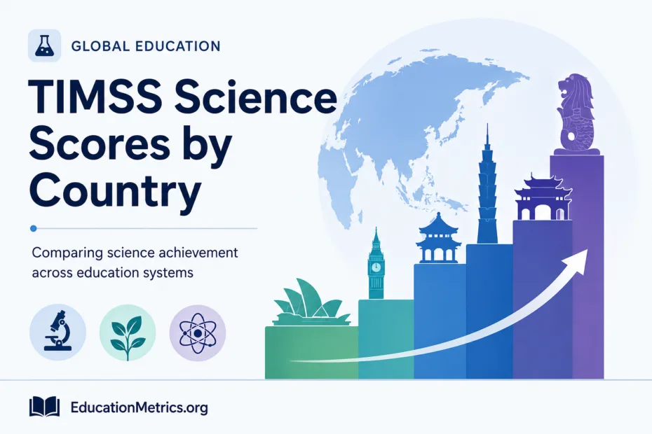 A map showing countries with their TIMSS science scores and rankings in 2026, illustrating global performance differences in science education.