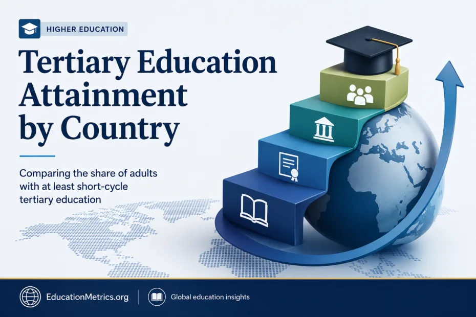 A visual representation of tertiary education attainment levels across different countries, showing rankings and statistical data.