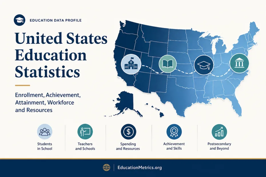 United States education statistics showing data, charts, and rankings across various states and education sectors.