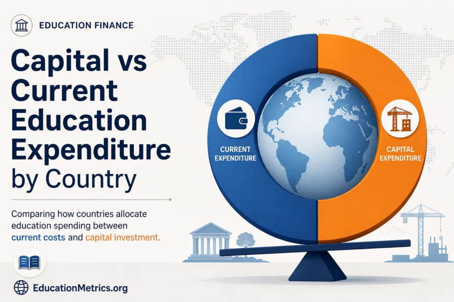 A world map showing differences in capital and current education expenditure by country with colorful infographic elements.