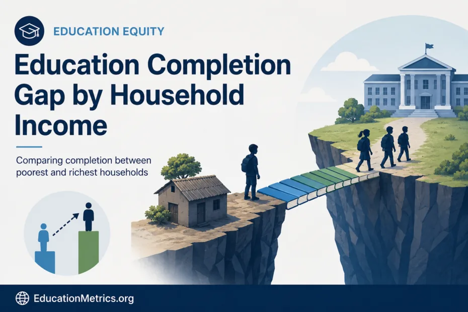 A visual showing the education completion gap by household income, with illustrations of diverse individuals and a school building.