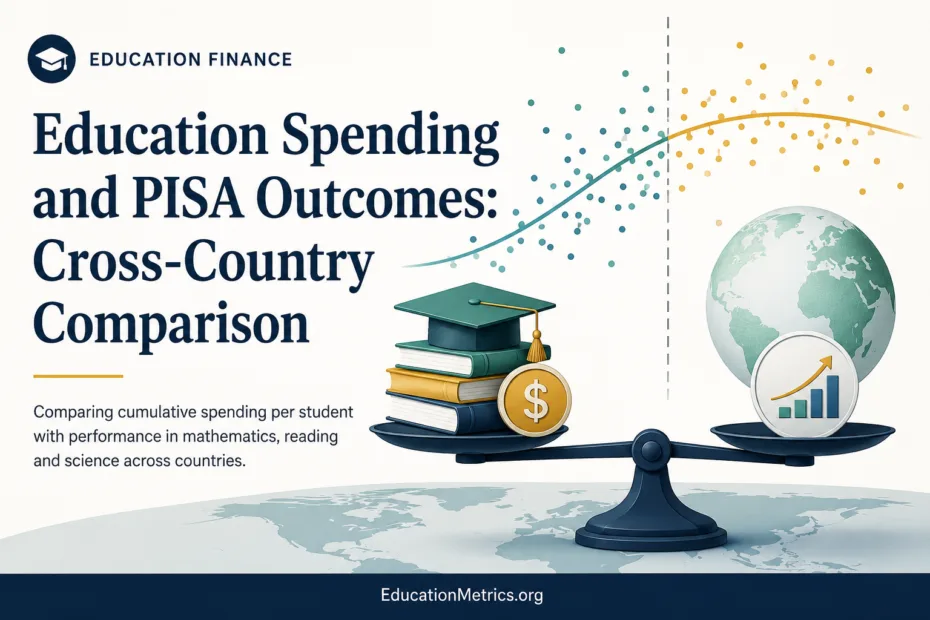 A world map showcasing education spending and PISA 2022 outcomes across different countries, emphasizing diverse educational performances.