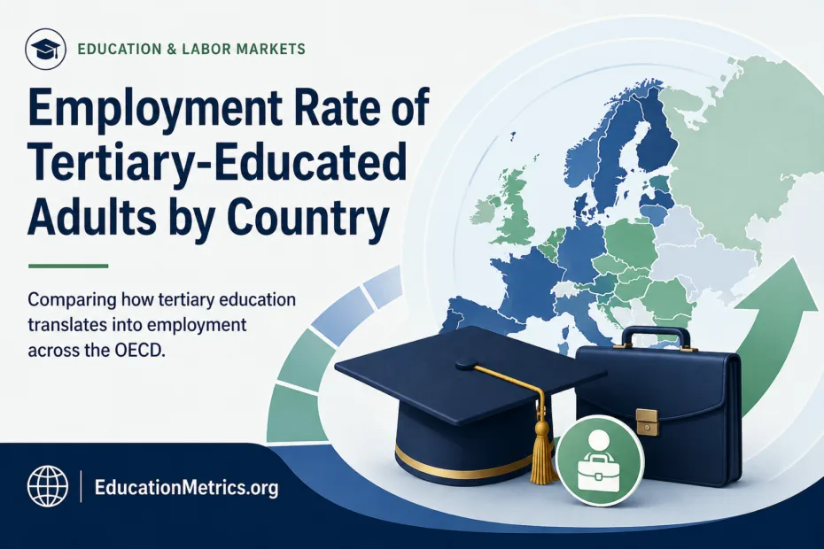 A map showing the employment rate of tertiary-educated adults across different countries, illustrating variations in higher education employment level…