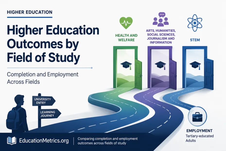 A chart illustrating higher education outcomes by field of study, showcasing completion and employment rates across different disciplines.