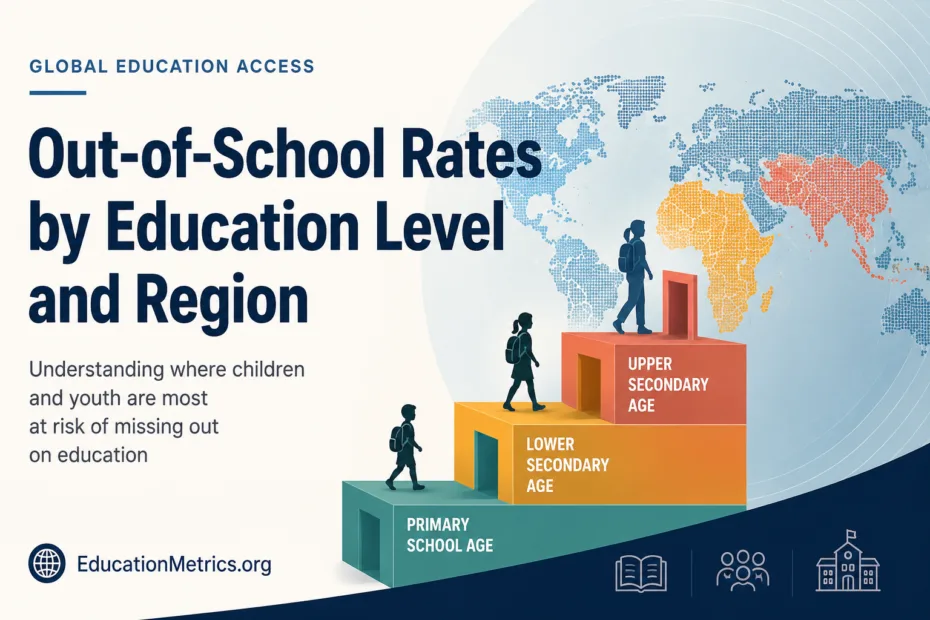 A visual showing out-of-school rates by education level and region, with colorful graphs illustrating disparities in access to education.