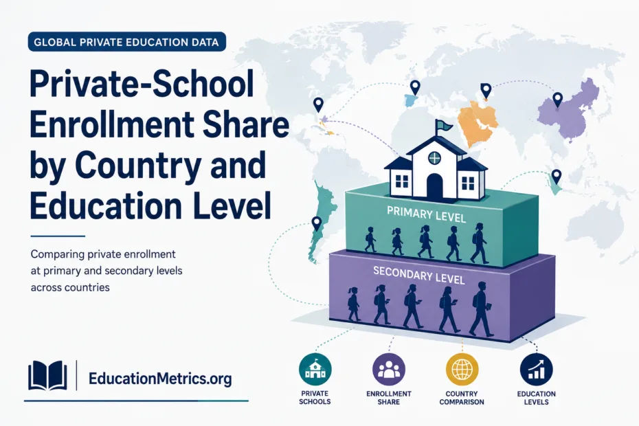A graph showing private school enrollment share by country and education level, with country flags and increasing levels of educational stages.