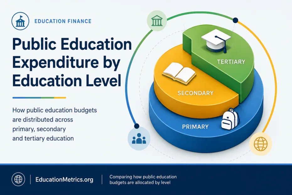 A bar chart illustrating public education expenditure allocated to primary, secondary, and tertiary levels.