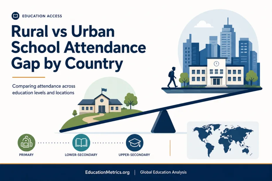 A comparison of rural and urban school attendance rates across different countries, illustrating disparities in access to education.