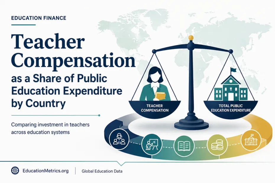 A balance scale with a teacher in front of a classroom illustrating teacher compensation as a share of public education expenditure by country.
